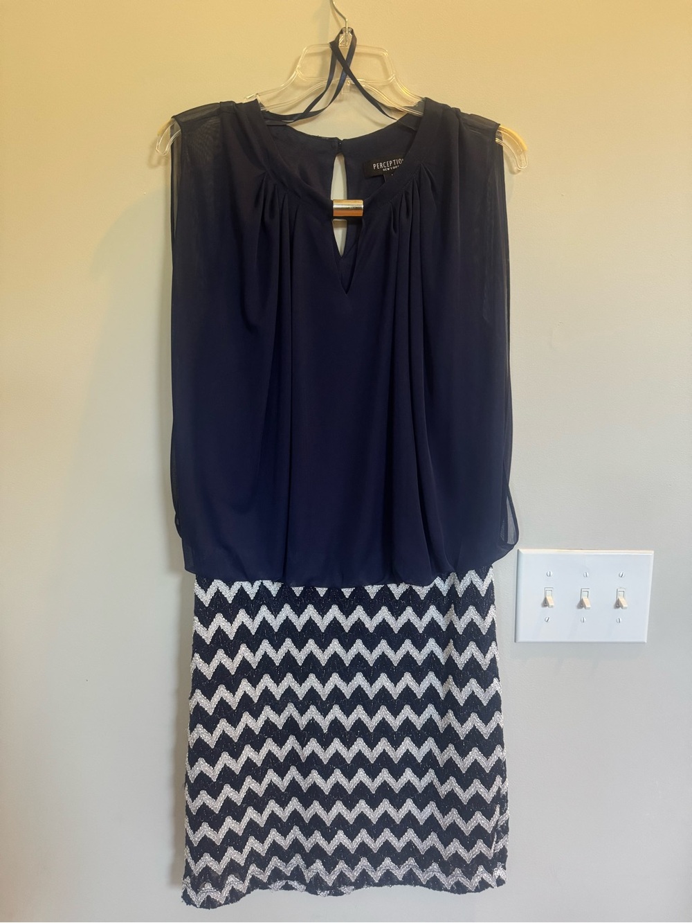 Navy & White Chevron Midi Dress with Sleeveless Navy Bodice